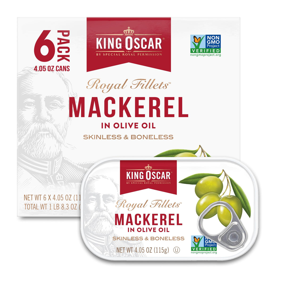 King Oscar mackerel in olive oil, skinless and boneless can front view, premium quality.