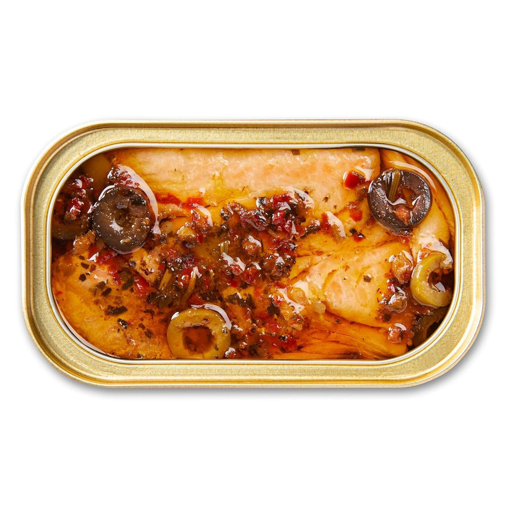 King Oscar olive oil with olives in salmon, Mediterranean-inspired ingredients