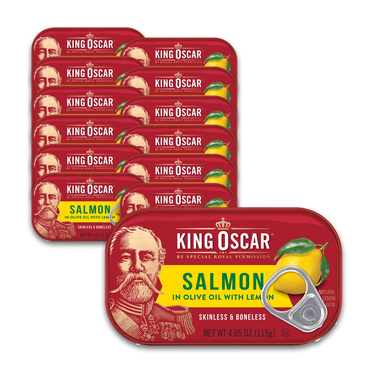 King Oscar Premium Salmon in olive oil with lemon, protein-packed for quick meals.