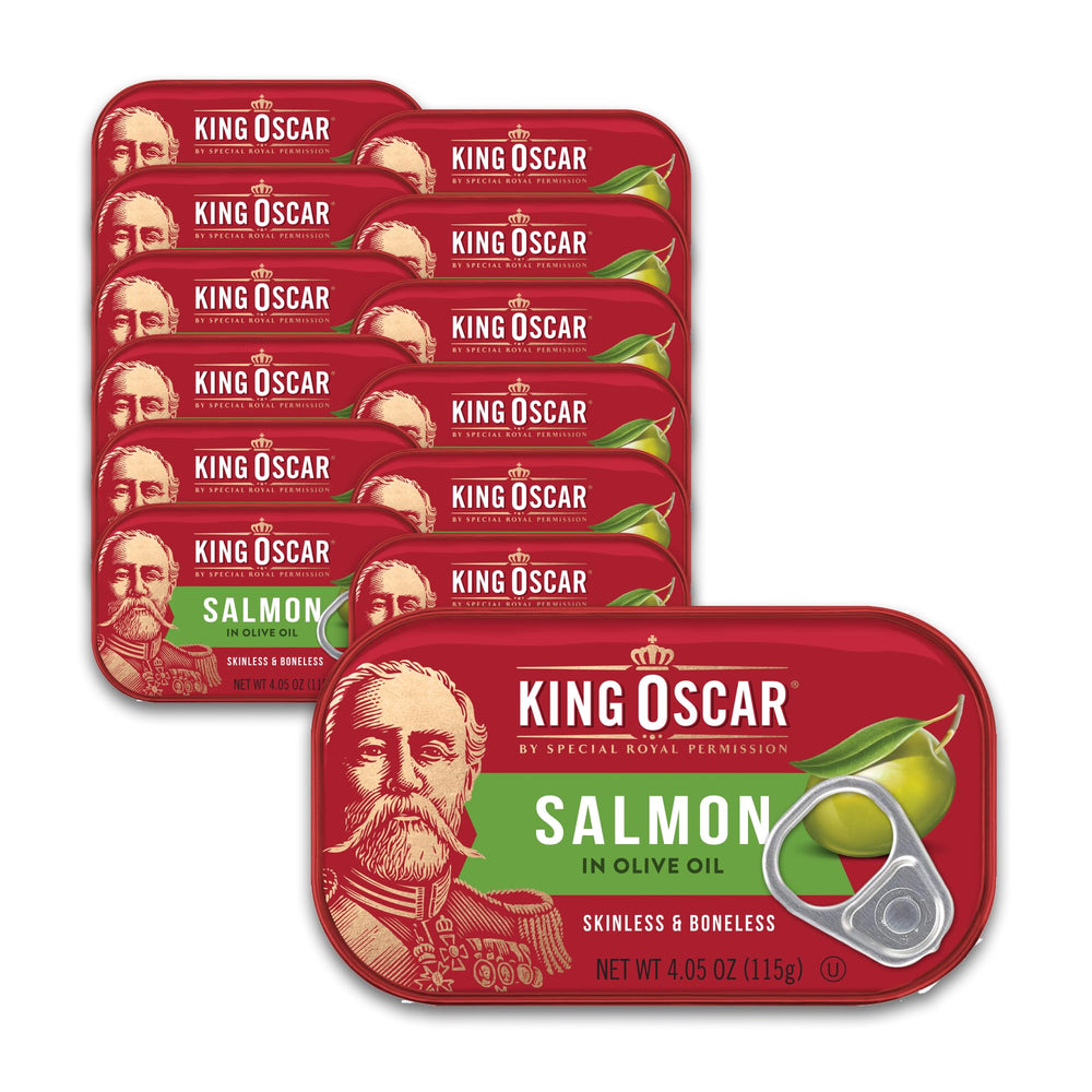 King Oscar Premium Salmon in Olive Oil can shown for quick meals