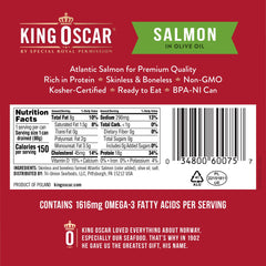 King Oscar salmon hand-filleted, skinless and boneless on label
