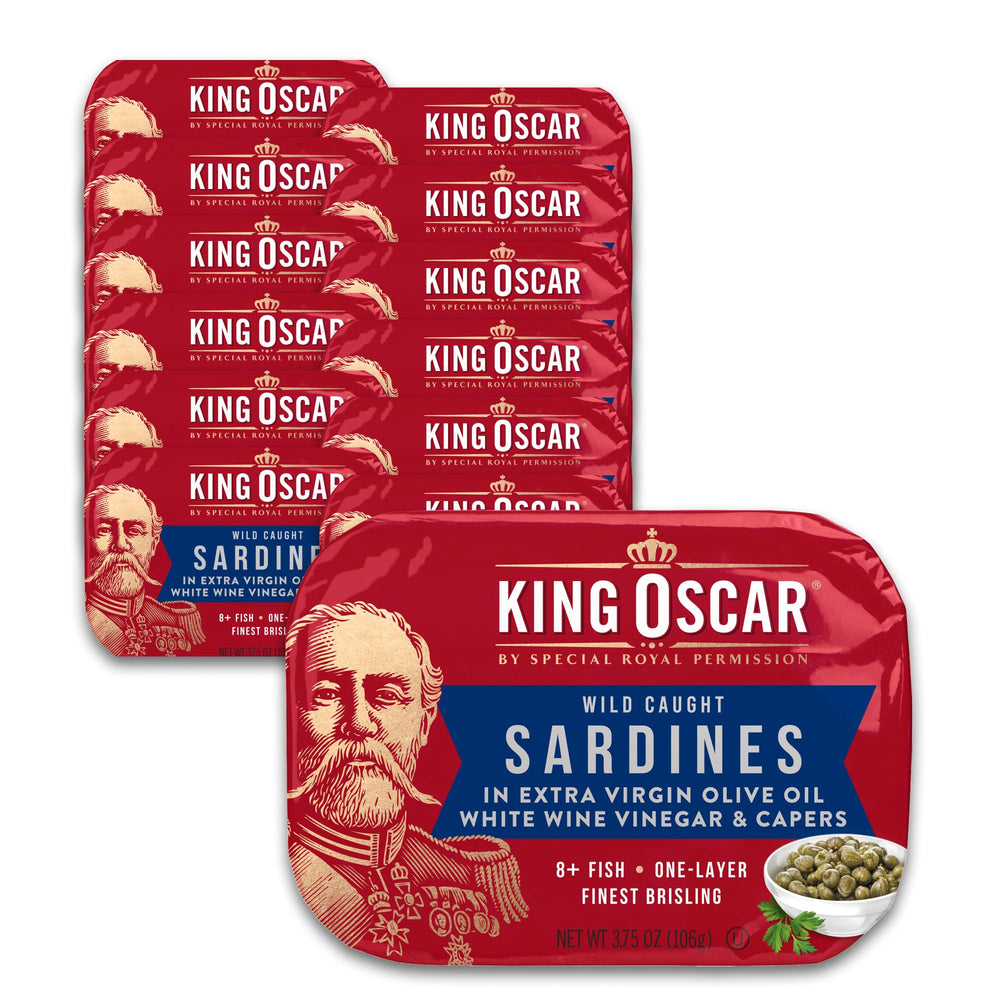 King Oscar premium sardines in olive oil, close-up, keto-friendly snacking option