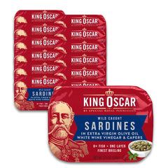 King Oscar premium sardines in olive oil, close-up, keto-friendly snacking option