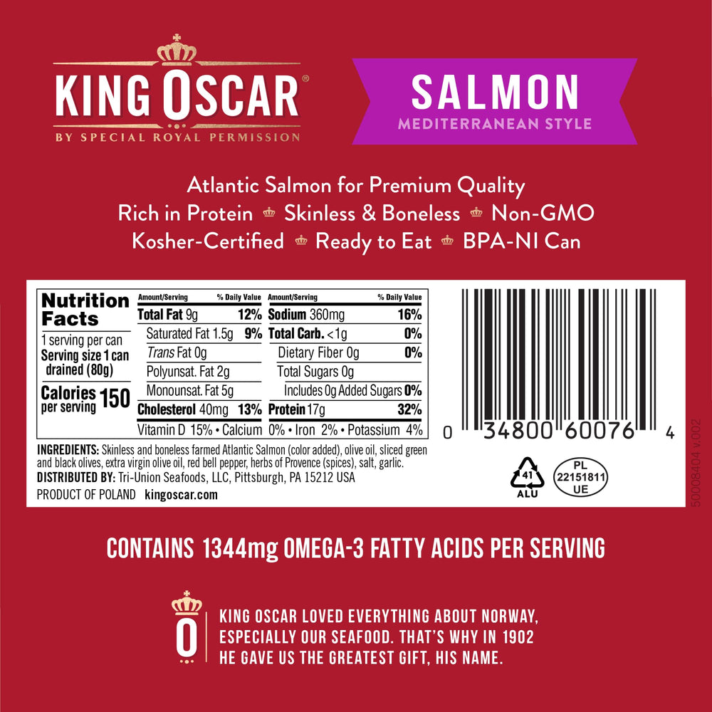 King Oscar salmon olive oil close-up flakes, ready to elevate pasta or salad