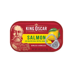 King Oscar salmon in olive oil pouring for easy, mess-free serving.