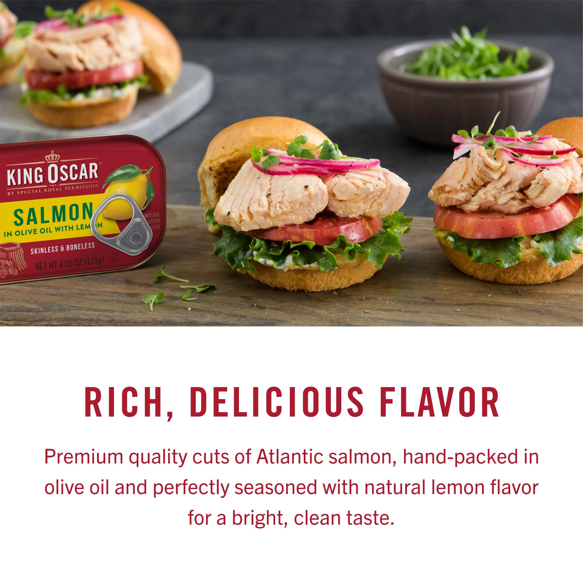 King Oscar salmon on a fresh salad shows protein-rich, gluten-free option.