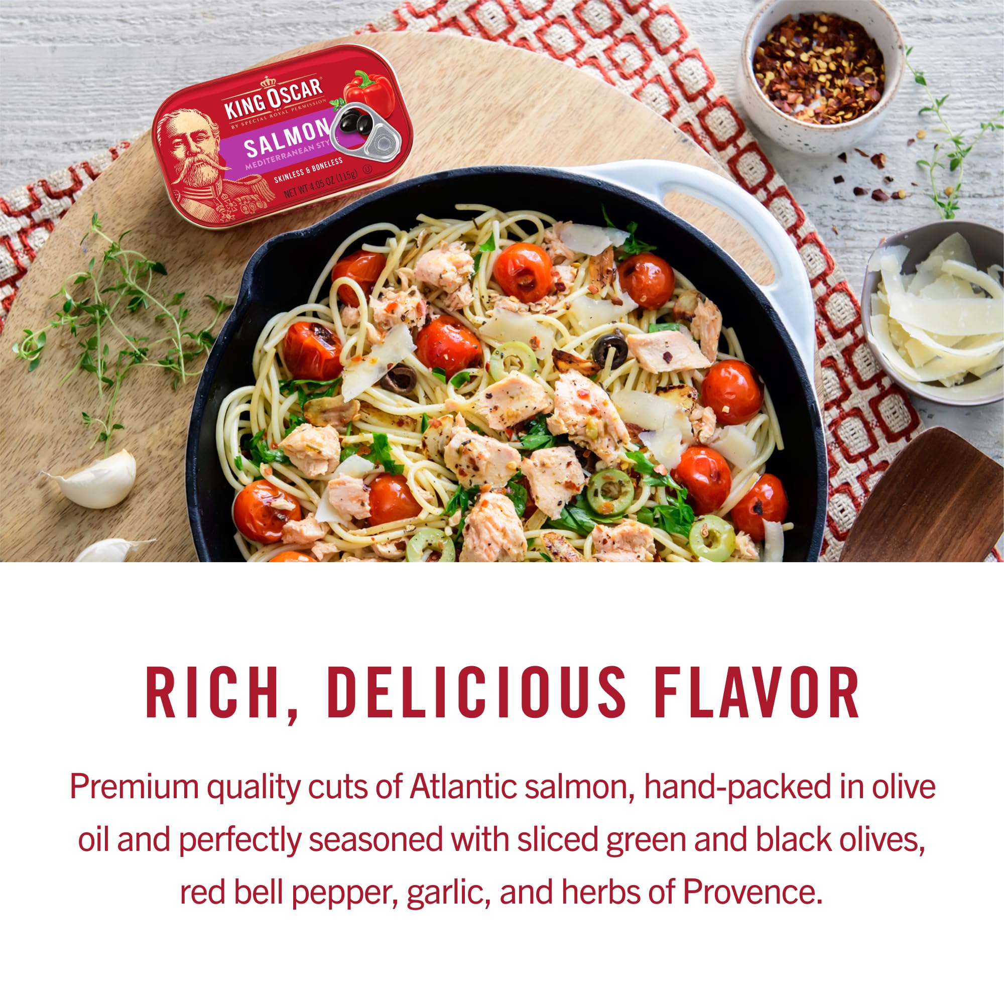 King Oscar salmon served over pasta, protein-rich dinner idea