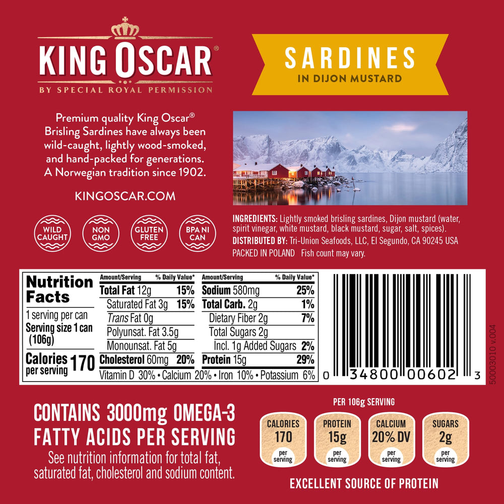 King Oscar Dijon sardines ingredients label highlights simple, gluten-free nutrition.