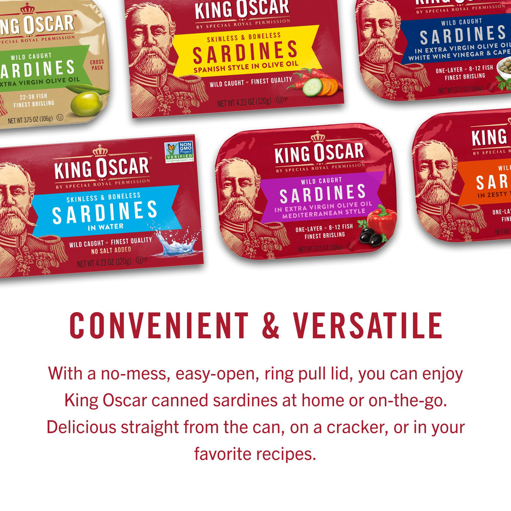 King Oscar sardines in EVOO, gluten-free and non-GMO ready.