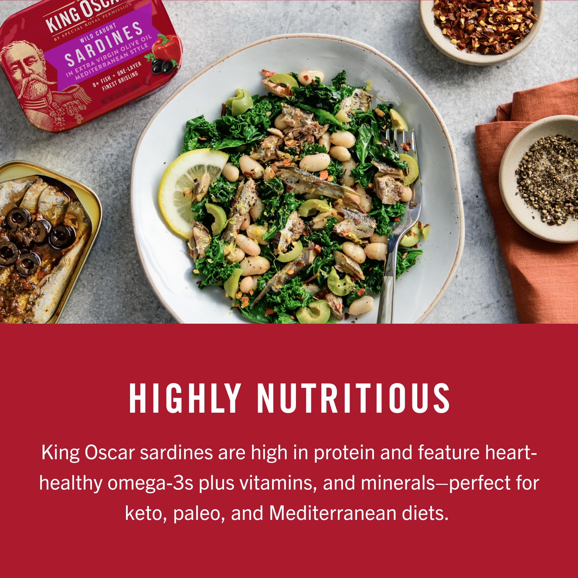King Oscar sardines on pasta to enhance savory, nutrition-forward flavor