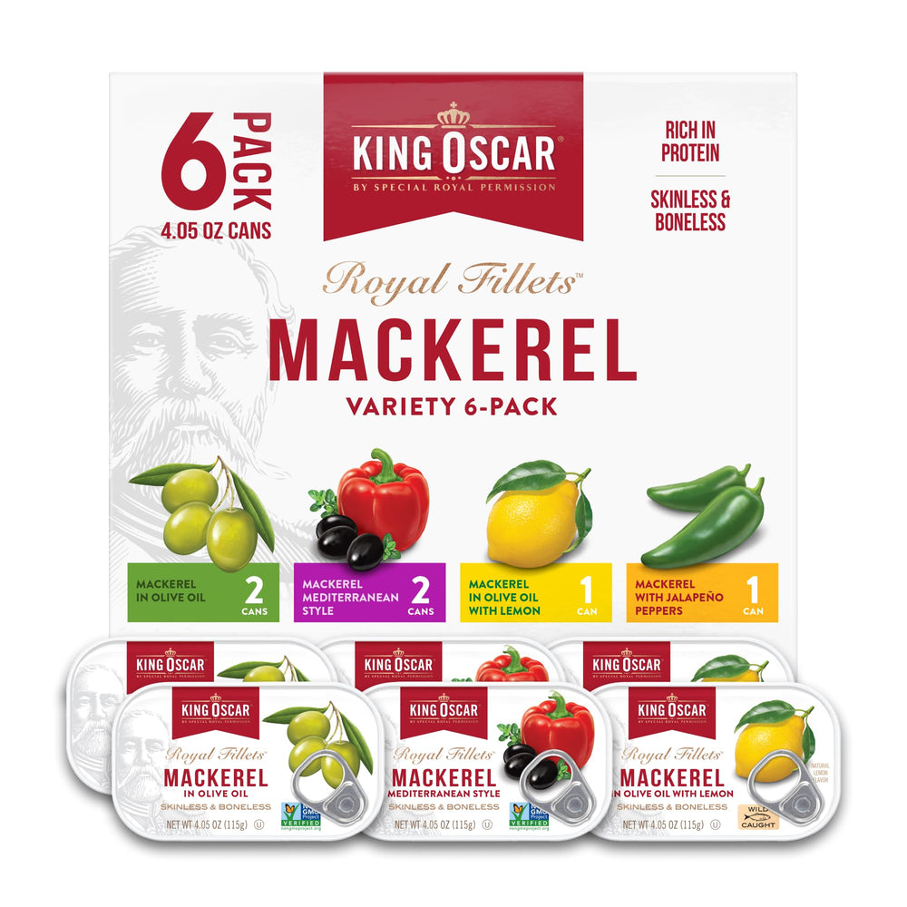 King Oscar Skinless & Boneless Mackerel pack-shot with six cans, ideal pantry staple.