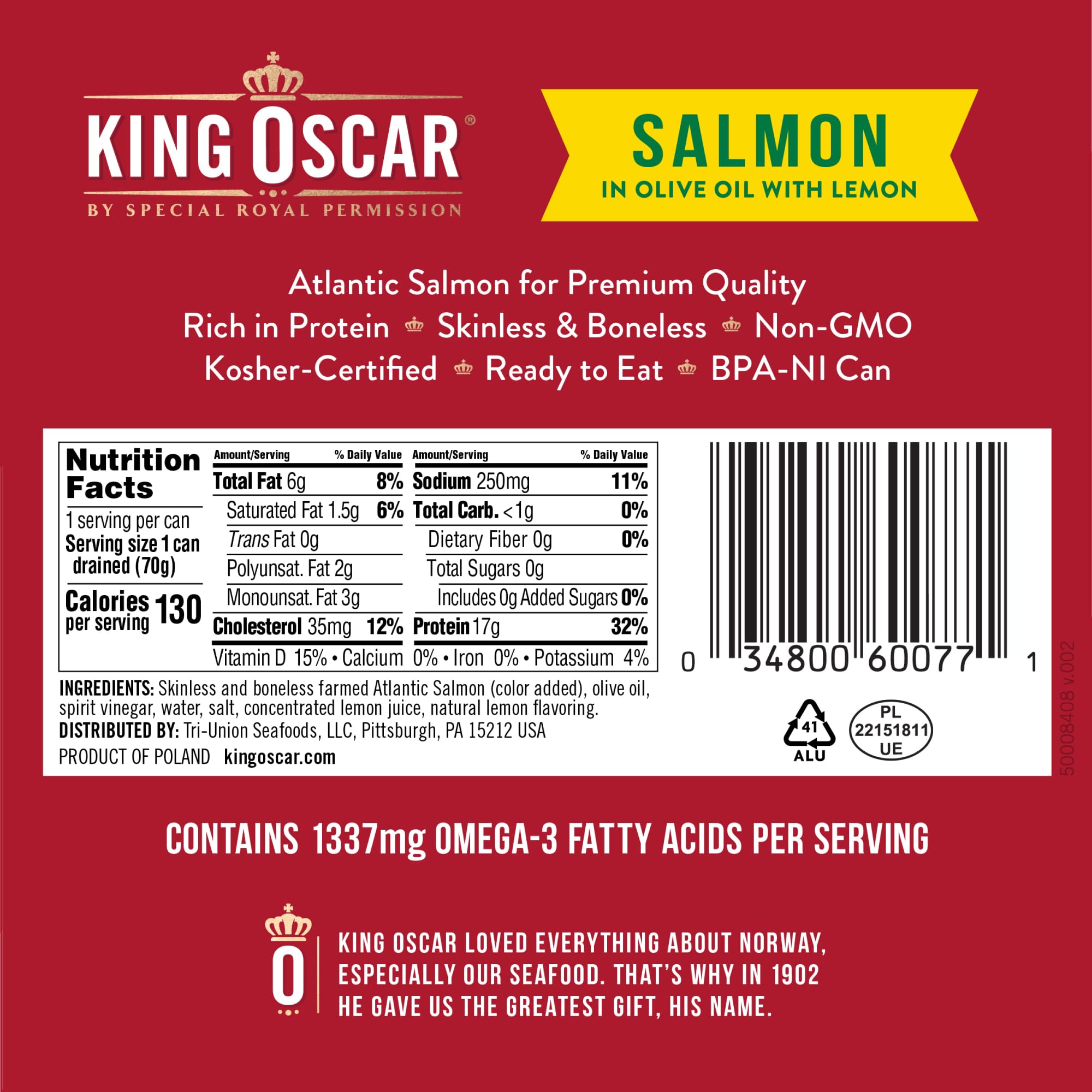 King Oscar skinless, boneless salmon fillets ready for easy portioning.