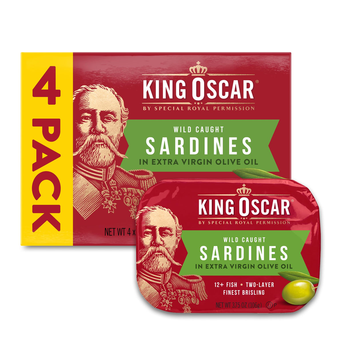 King Oscar wild-caught sardines in olive oil four-pack, ready-to-eat.