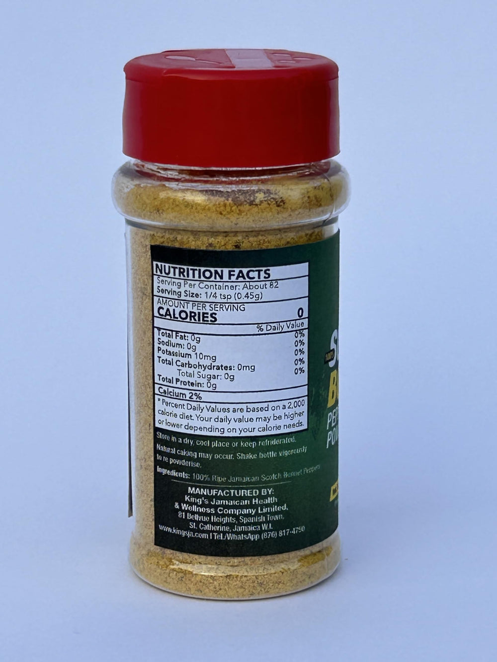 King’s Jamaican Scotch Bonnet Powder jar back view highlights sealed freshness and aroma.