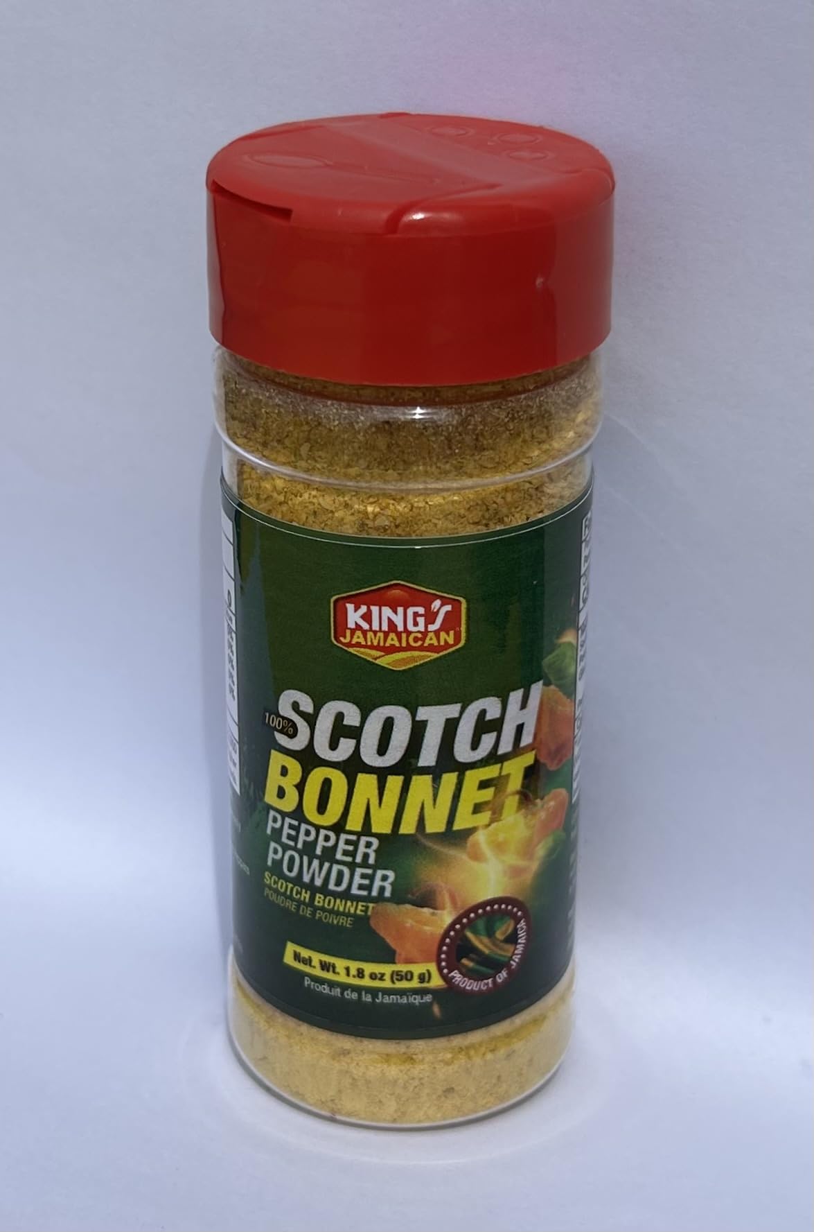 King’s Jamaican Scotch Bonnet Powder jar front view shows bold flavor ready to season.