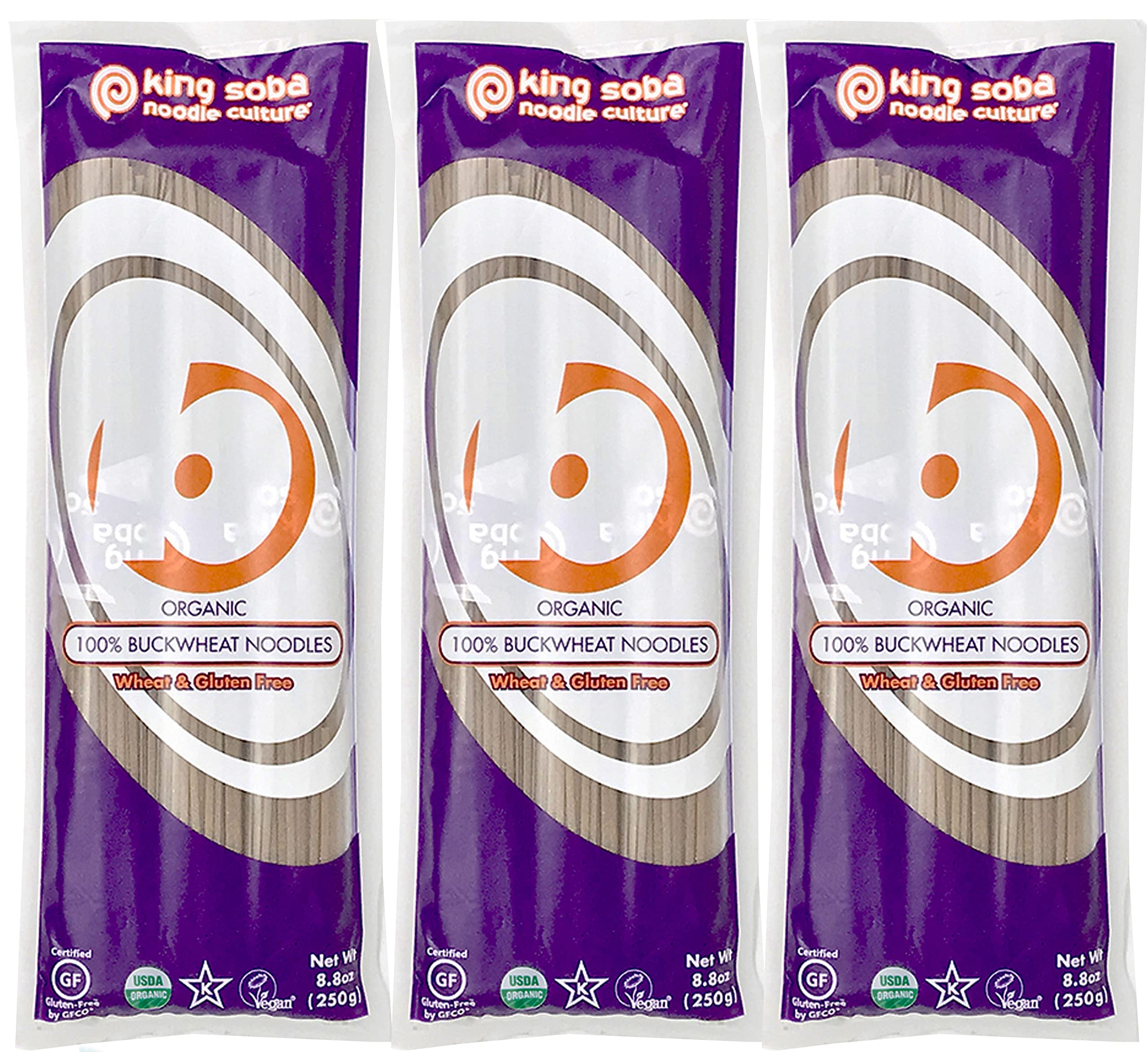 King Soba buckwheat pasta 3-pack front view, gluten-free pantry staple.