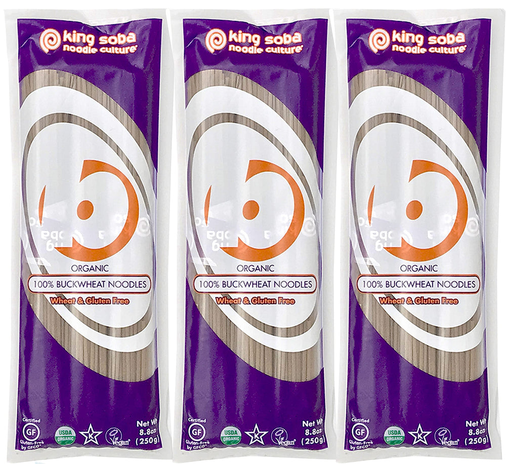 King Soba buckwheat pasta 3-pack front view, gluten-free pantry staple.