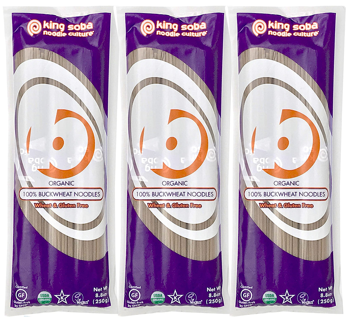 King Soba buckwheat pasta 3-pack front view, gluten-free pantry staple.