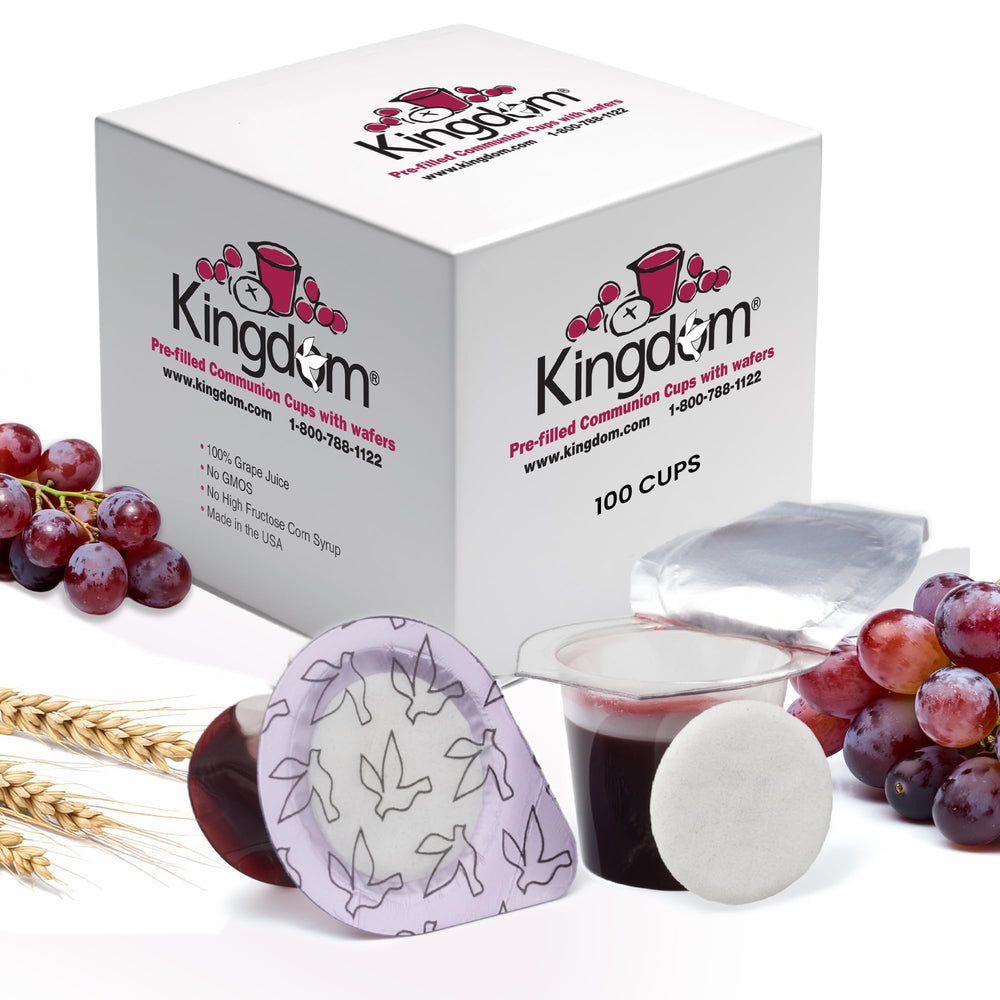 Kingdom Prefilled Communion Cups packaging shows convenient 100-count box for services