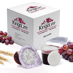 Kingdom Prefilled Communion Cups packaging shows convenient 100-count box for services