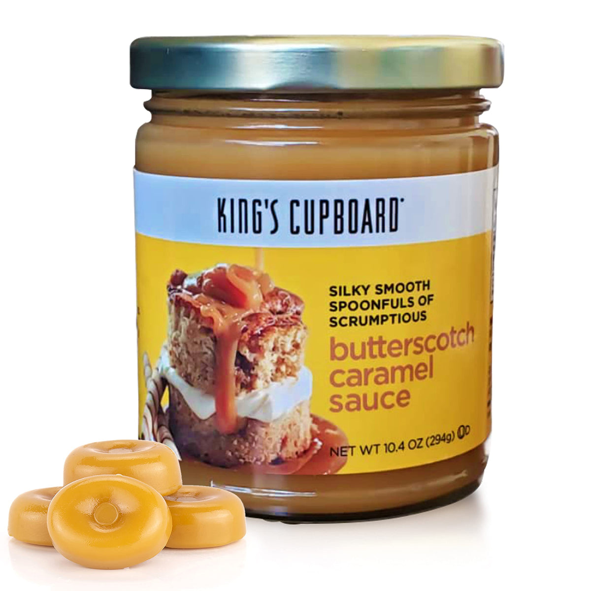 King's Cupboard butterscotch caramel sauce bottle ready to drizzle on ice cream