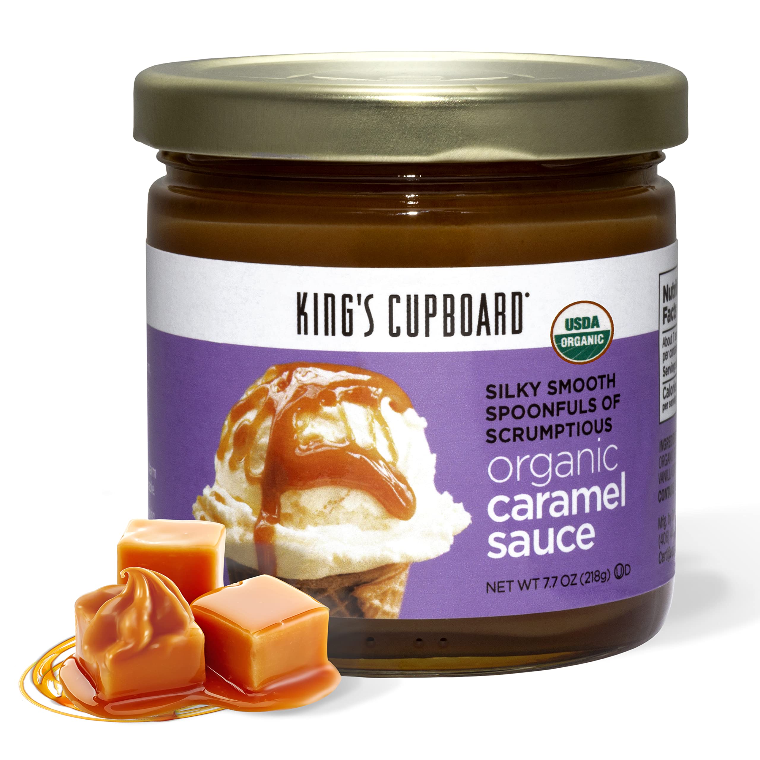 King's Cupboard Organic Caramel Sauce jar, rich and all-natural, ideal for topping desserts.