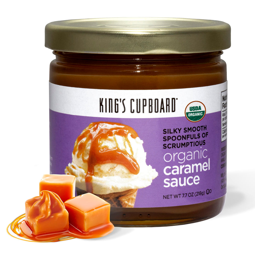 King's Cupboard Organic Caramel Sauce jar, rich and all-natural, ideal for topping desserts.