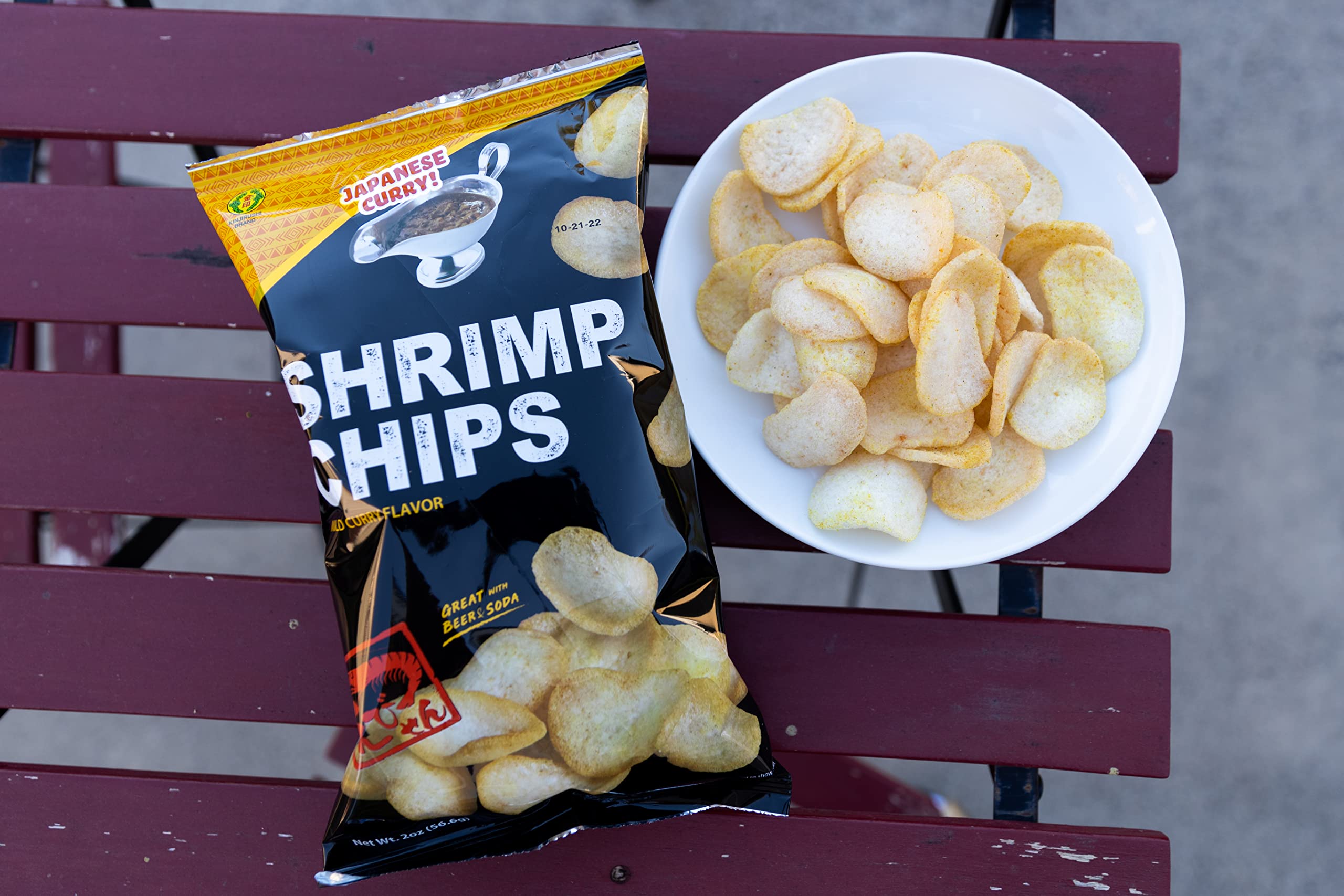 KINJIRUSHI curry shrimp chips ingredients panel closeup highlighting Japanese curry flavor.