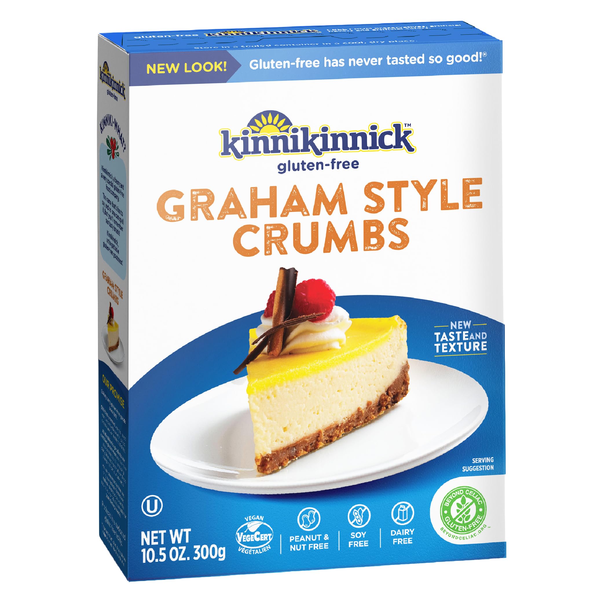 Kinnikinnick Graham Style Crumbs box showing gluten-free and vegan options for crusts.