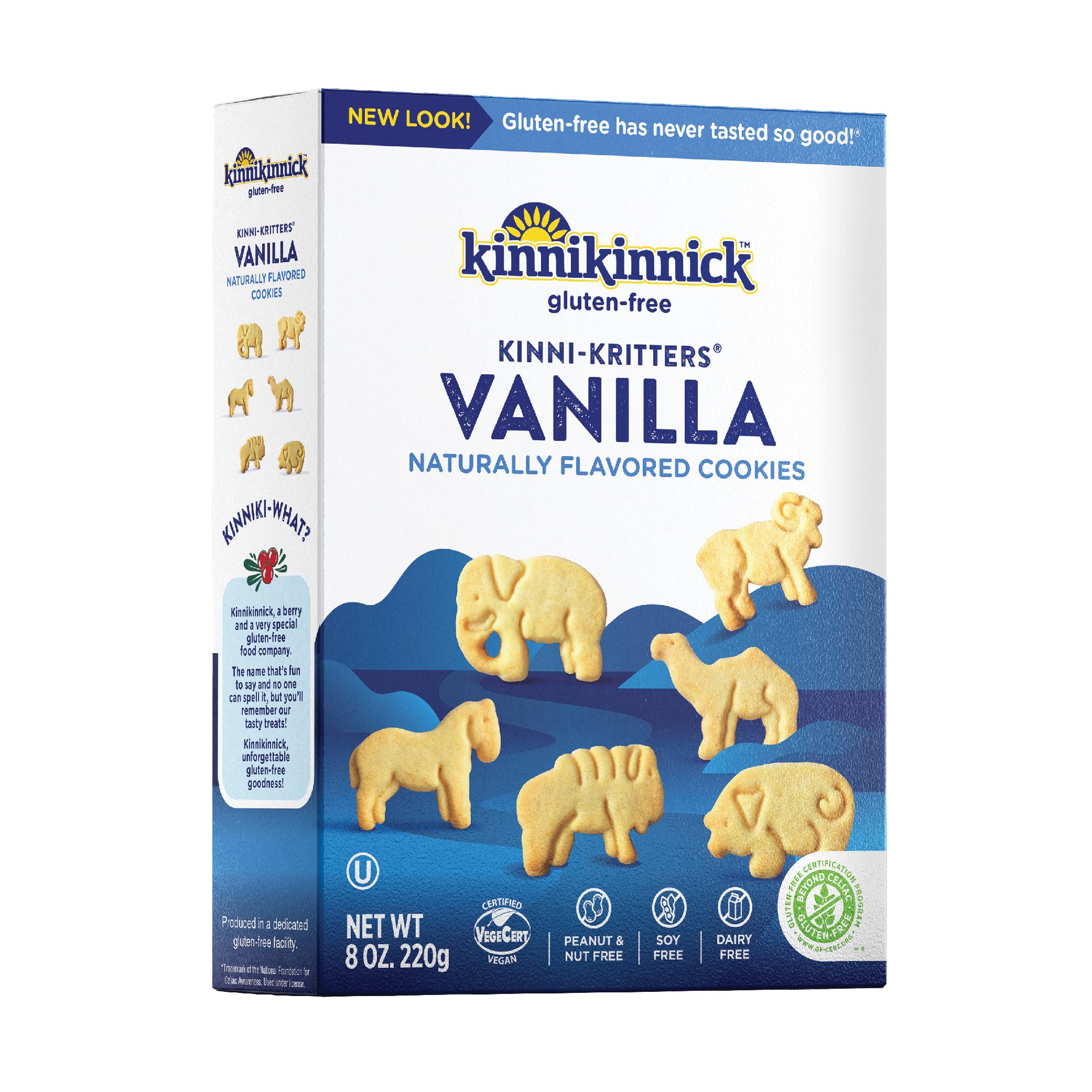 Kinnikinnick KinniKritters animal cookies with vanilla shapes, a gluten-free kid-friendly treat.