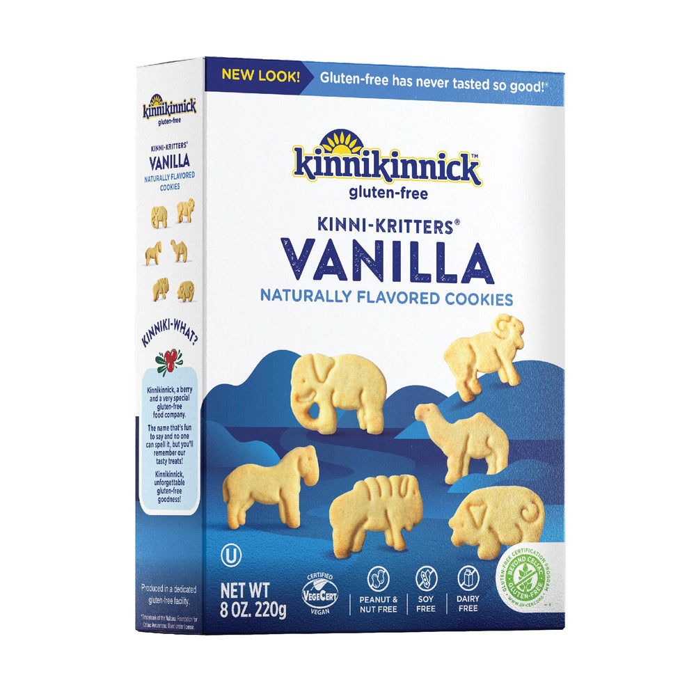 Kinnikinnick KinniKritters animal cookies with vanilla shapes, a gluten-free kid-friendly treat.