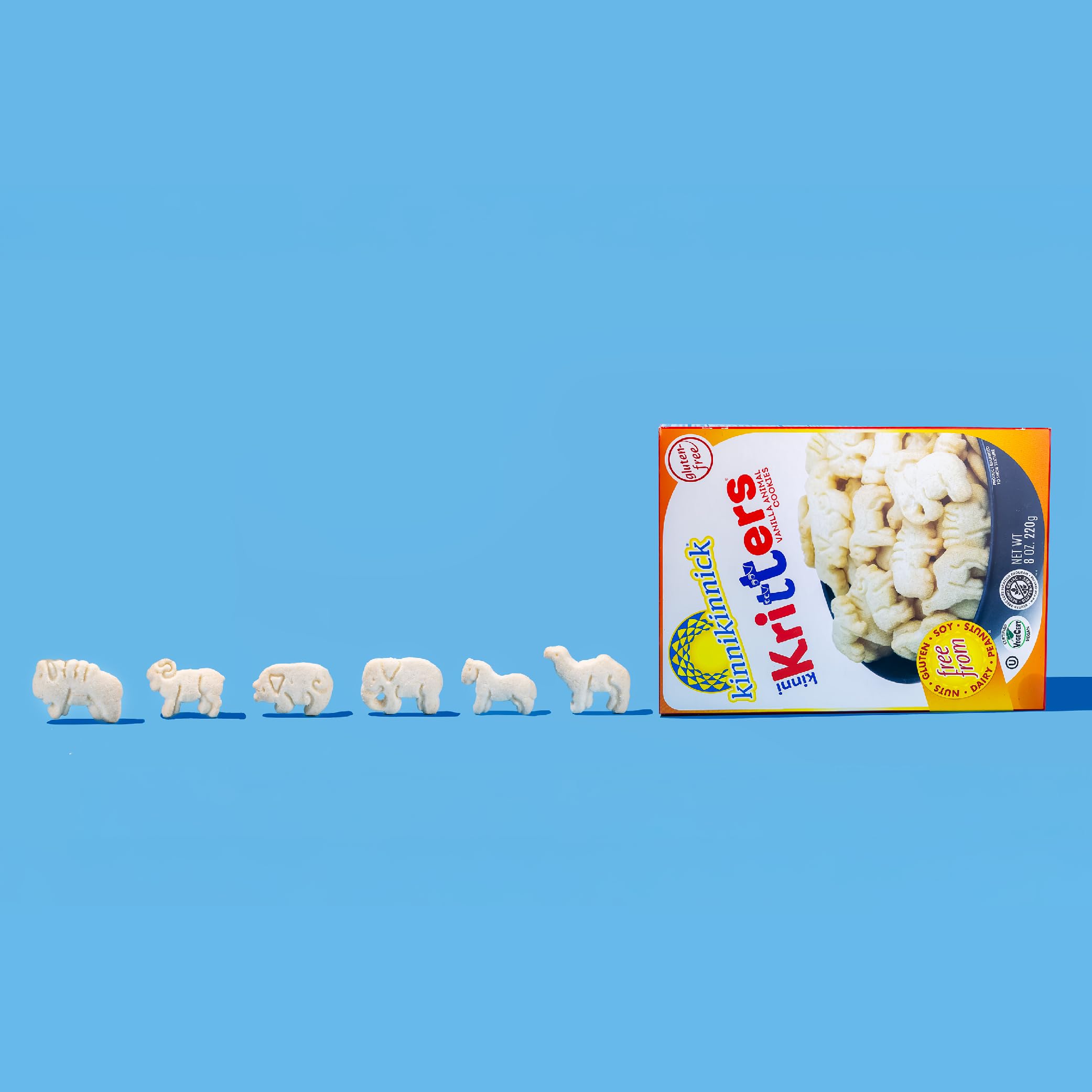8oz box packaging of Kinnikinnick KinniKritters for easy on-the-go snacking.