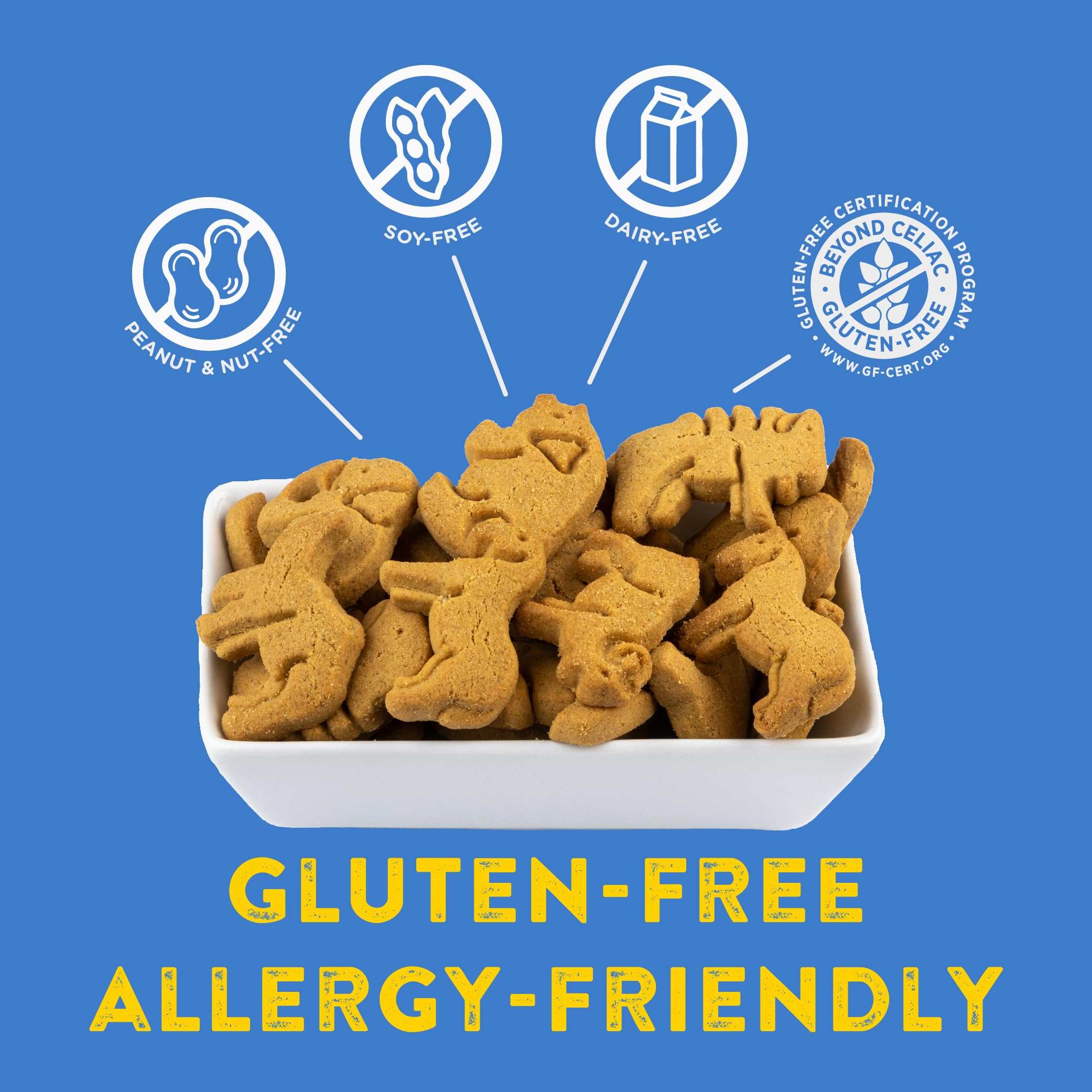 Dairy-free and nut-free label on Kinnikinnick KinniKritters packaging.