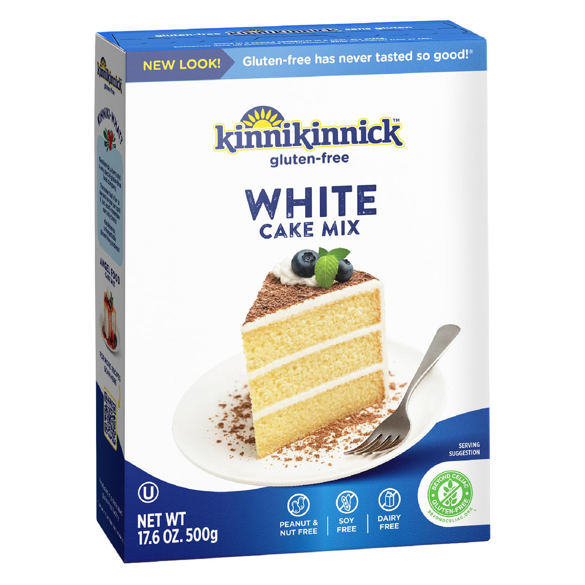 Kinnikinnick White Cake Mix box front, dairy-free and gluten-free option for celebrations.