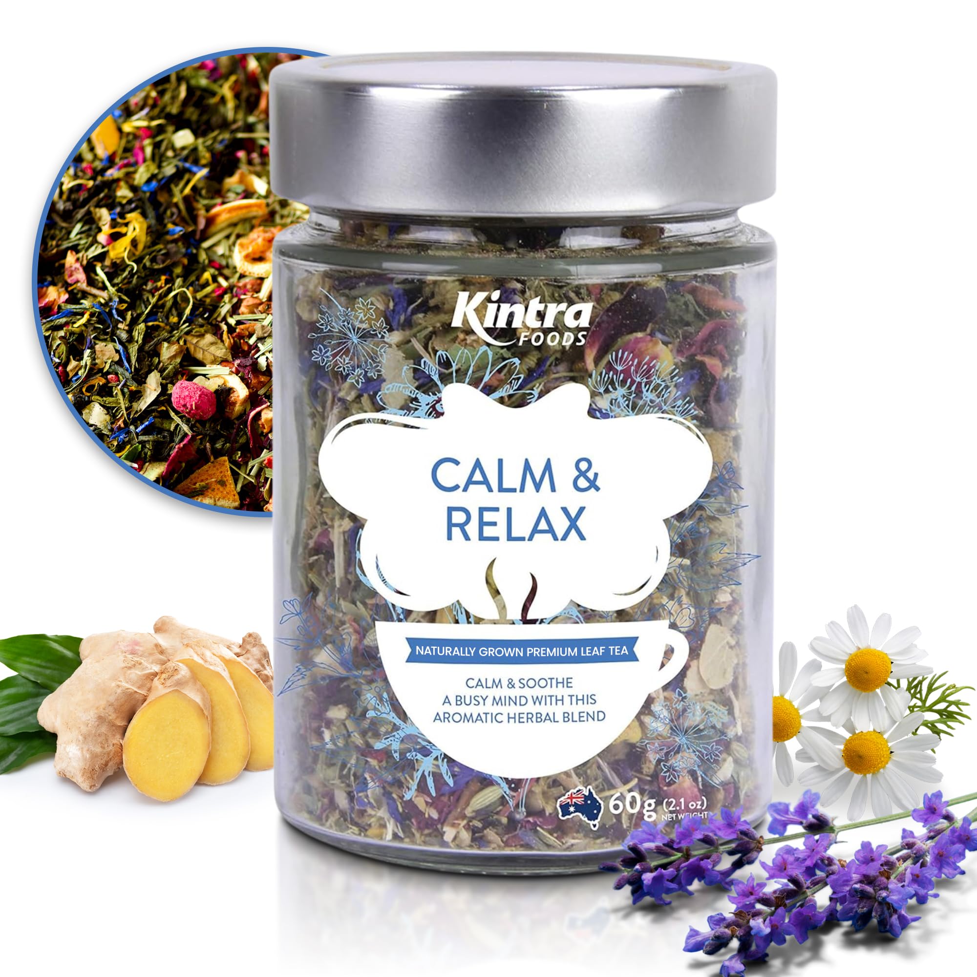 Kintra Foods Calm & Relax tea jar ready for a calming evening ritual.