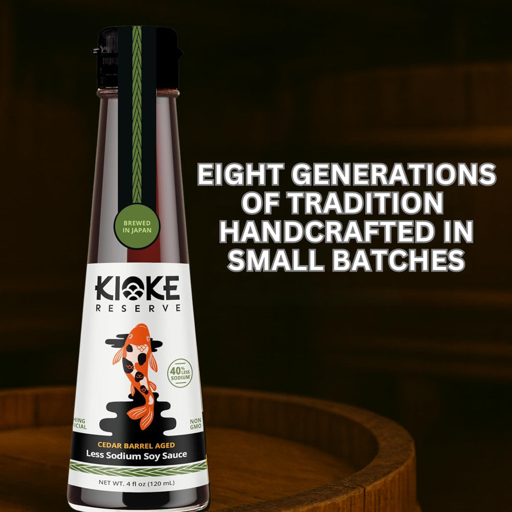 Pouring Kioke Reserve soy sauce over a dish for flavor