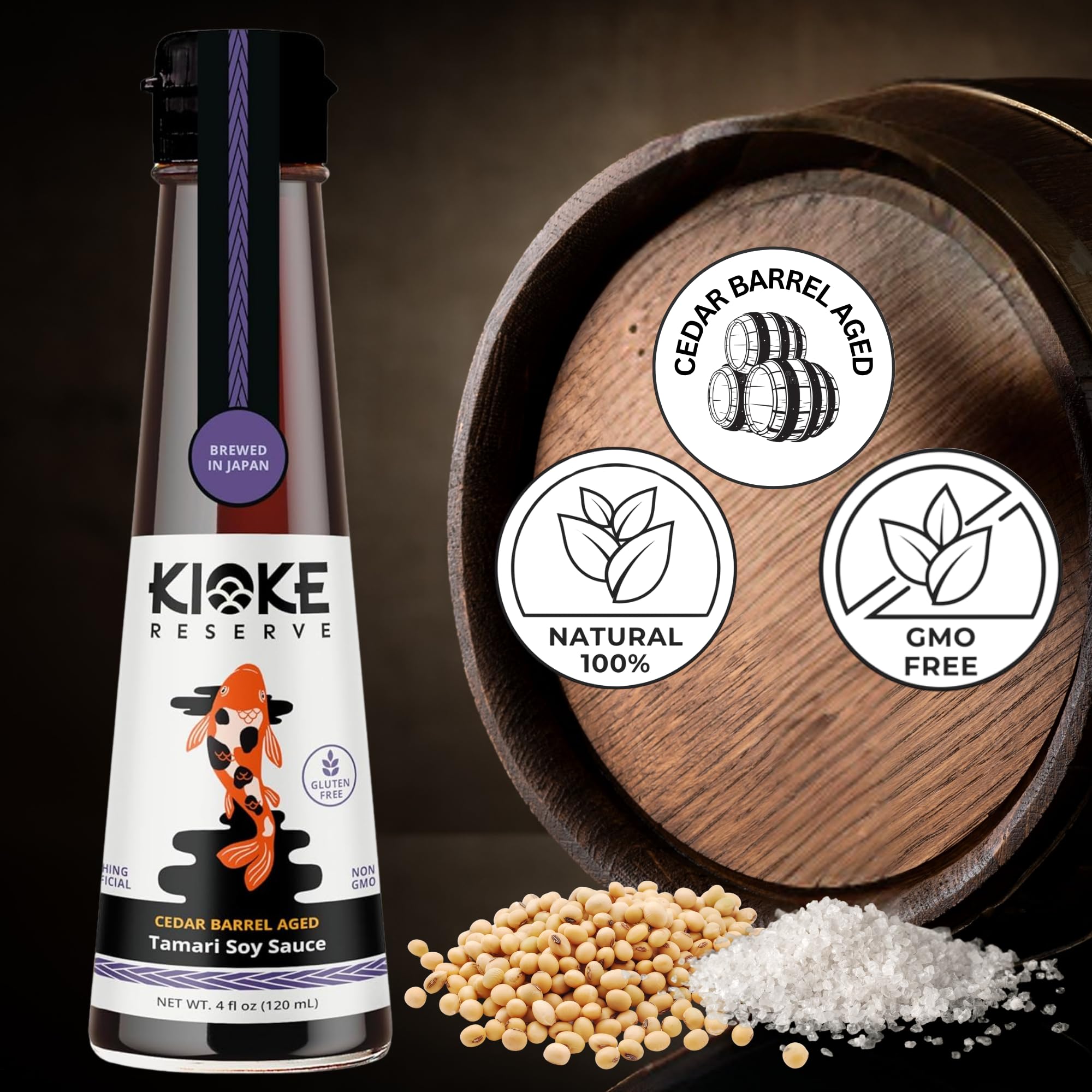 Kioke Reserve gluten-free tamari bottle ideal for wheat-free meals.