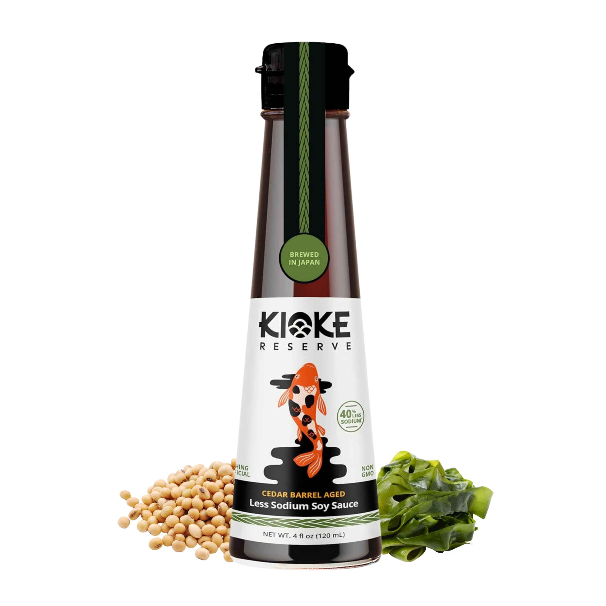 Kioke Reserve Less Sodium Soy Sauce bottle ready for dipping and grilling