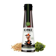 Kioke Reserve Less Sodium Soy Sauce bottle ready for dipping and grilling