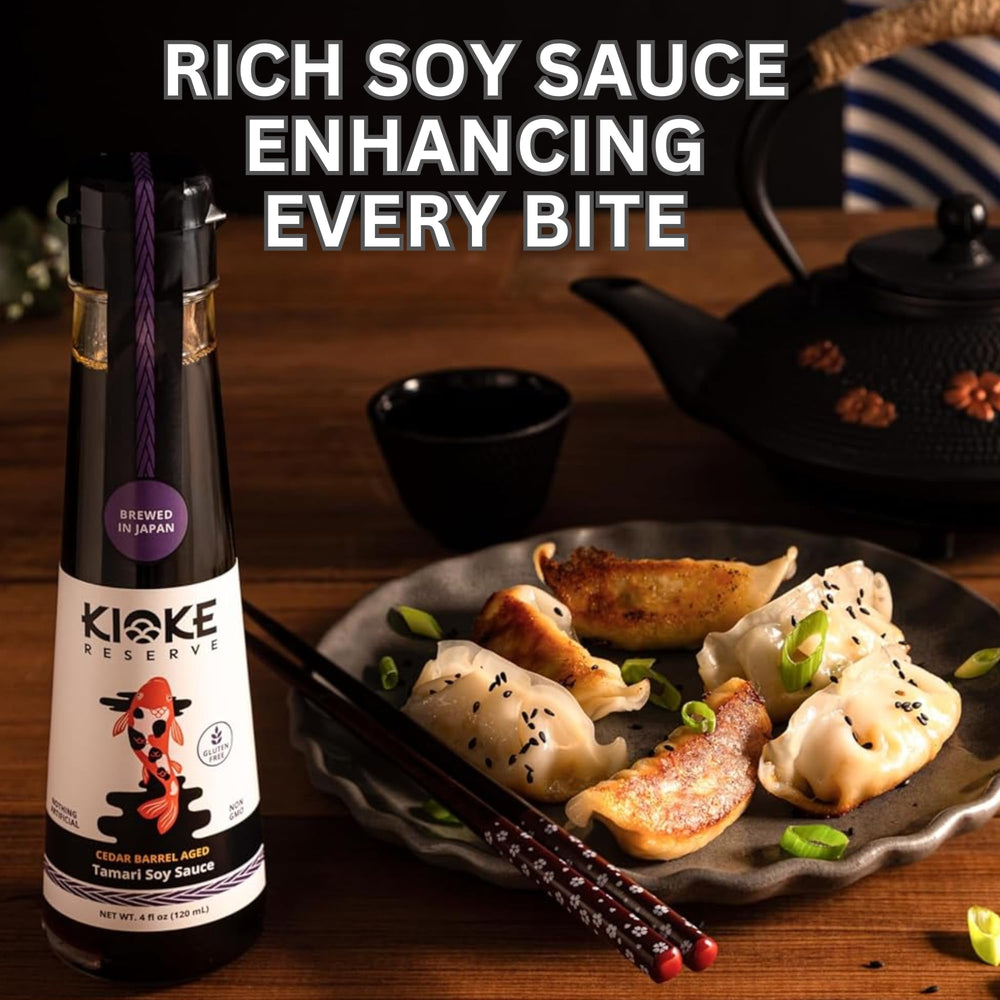 Kioke Reserve vegan clean-label bottle emphasizing simple, wheat-free soy sauce.