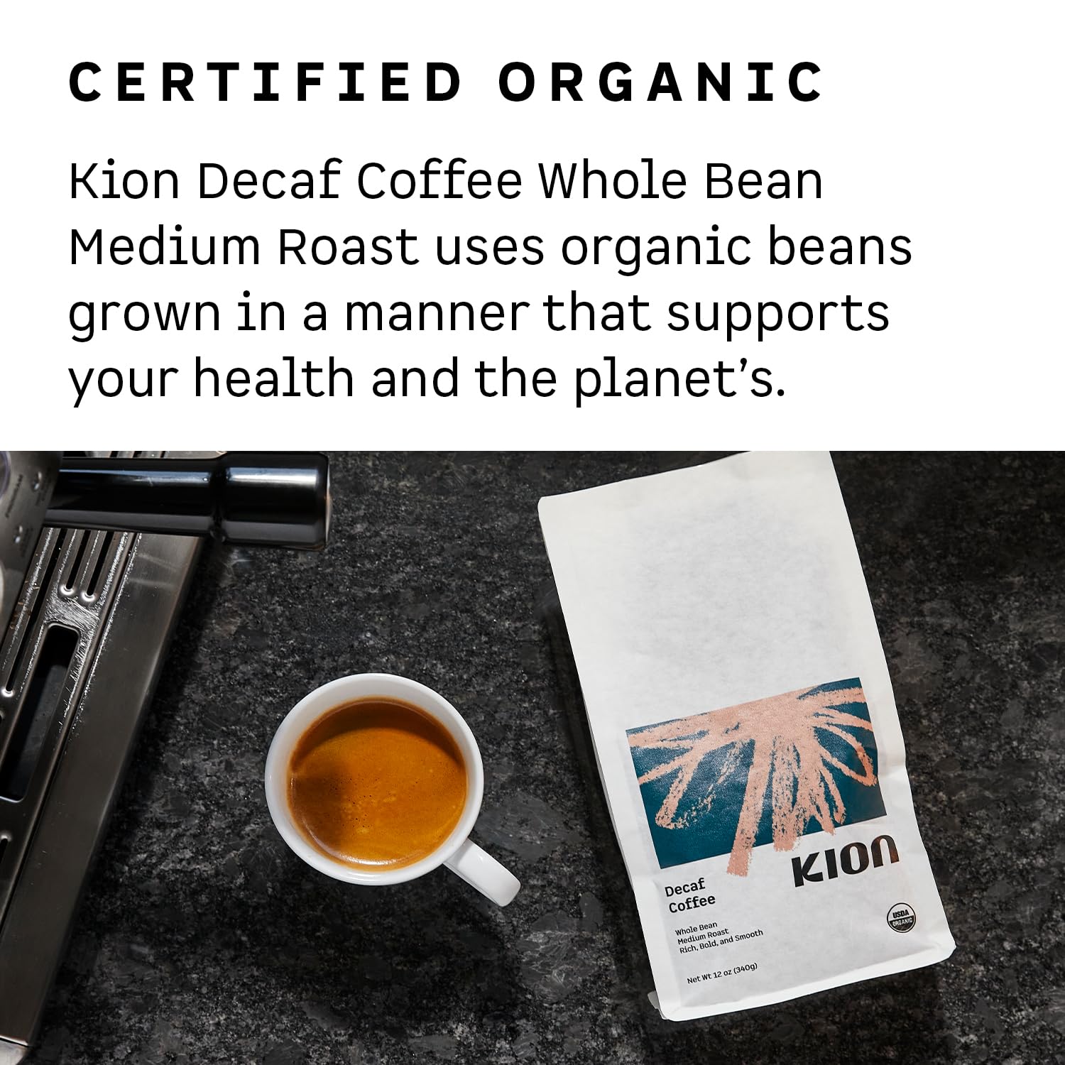 Kion Organic Decaf beans arranged highlight specialty grade quality and low defects.