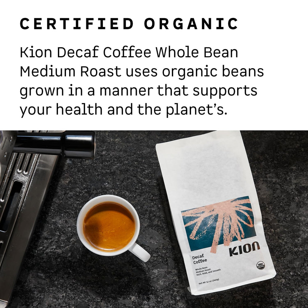 Kion Organic Decaf beans arranged highlight specialty grade quality and low defects.
