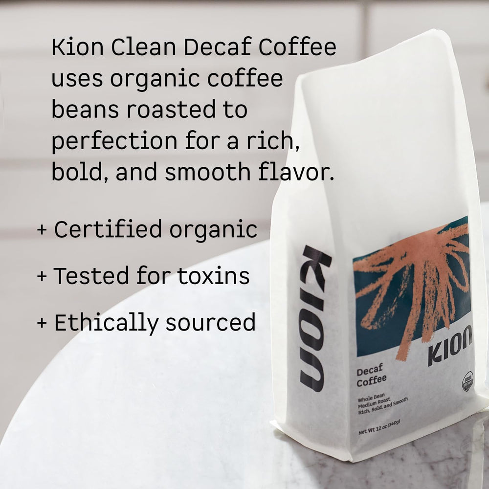 Kion Organic Decaf brew closeup captures rich aroma and smooth finish.
