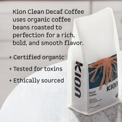Kion Organic Decaf brew closeup captures rich aroma and smooth finish.