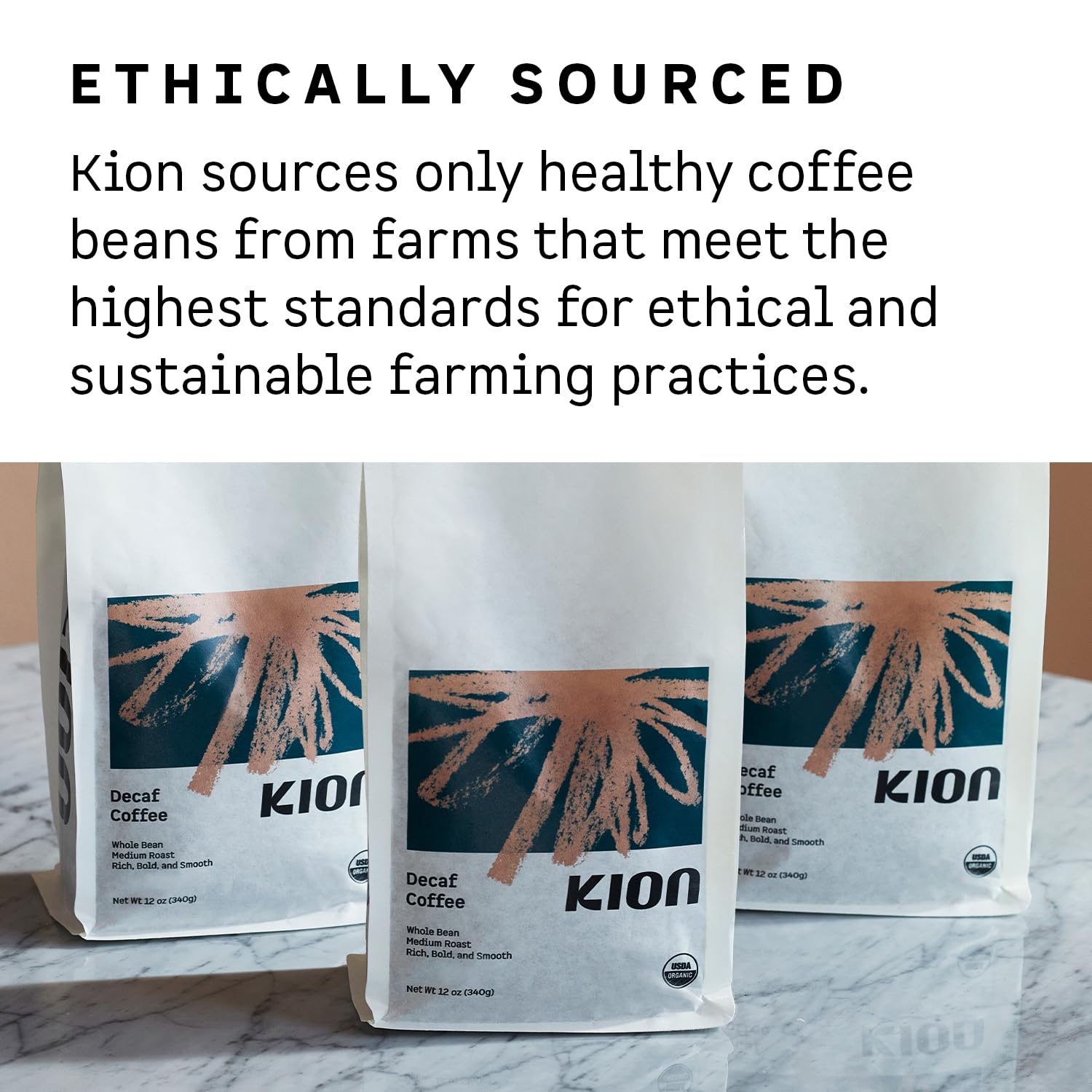 Kion Organic Decaf eco bag communicates nitrogen-flushed freshness and sustainability.