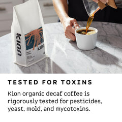 Kion Organic Decaf morning ritual shot emphasizes aroma and balanced flavor.