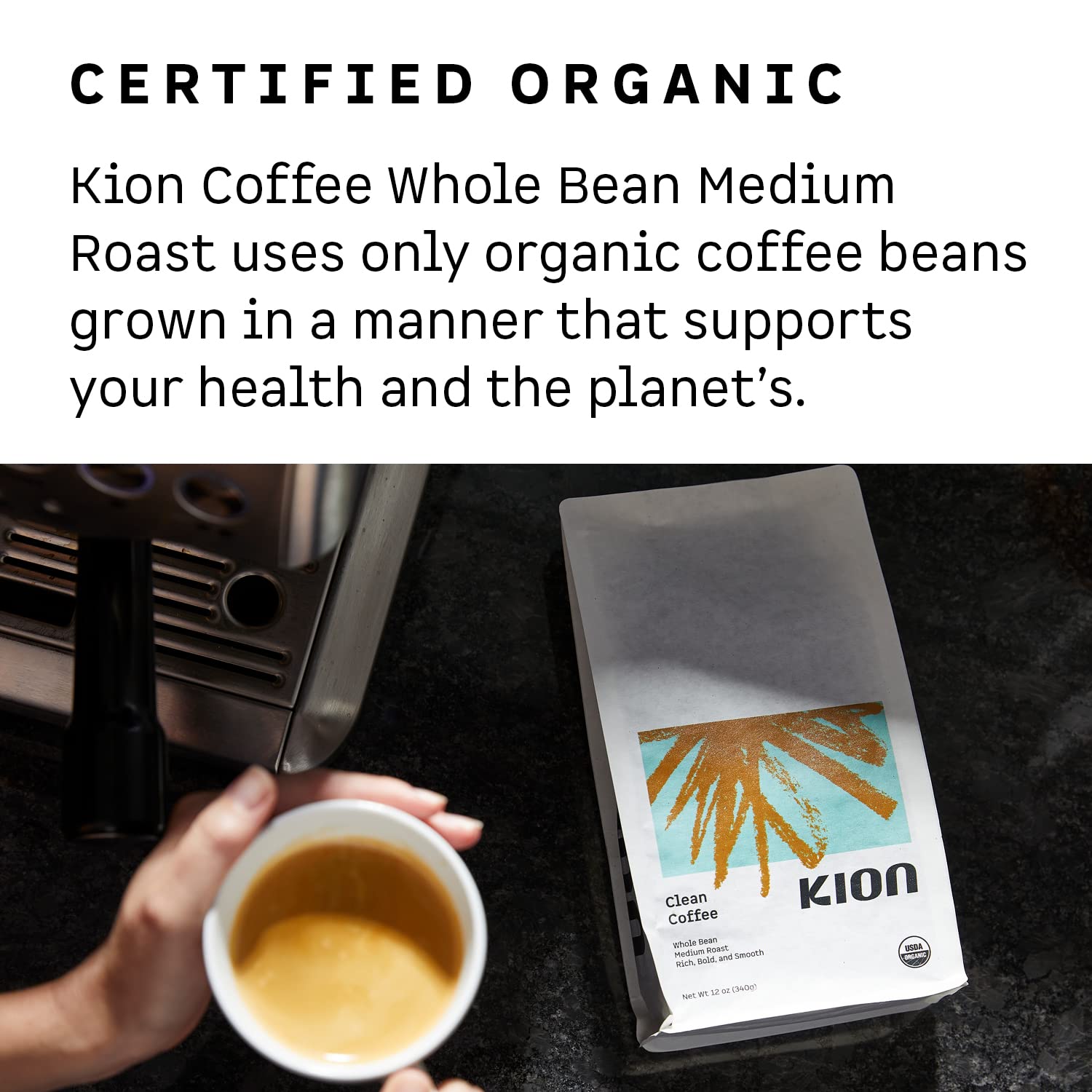 Kion Roasted coffee beans close-up reveals rich aroma and balanced medium roast.