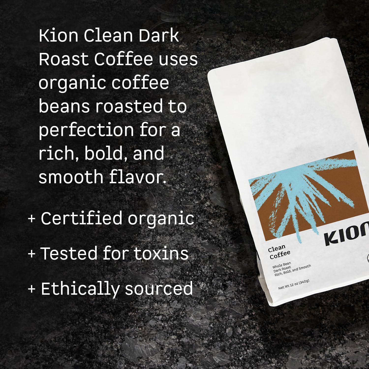 Kion toxin-tested coffee bag sealed with nitrogen flush for freshness