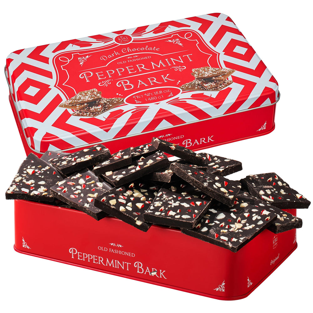 Kiri & Sons dark chocolate peppermint bark in a festive tin, ideal for gifting.