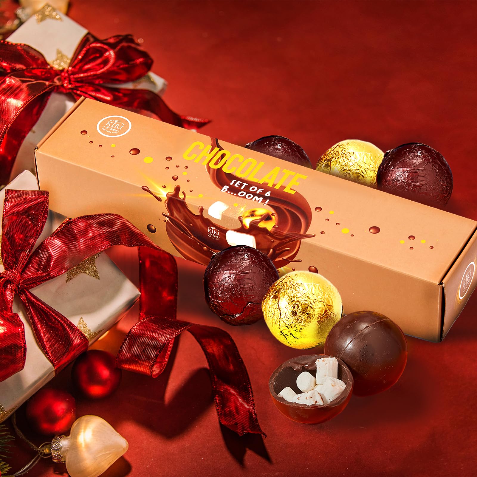 Kiri & Sons marshmallow reveal bombs release fluffy centers in creamy hot chocolate.